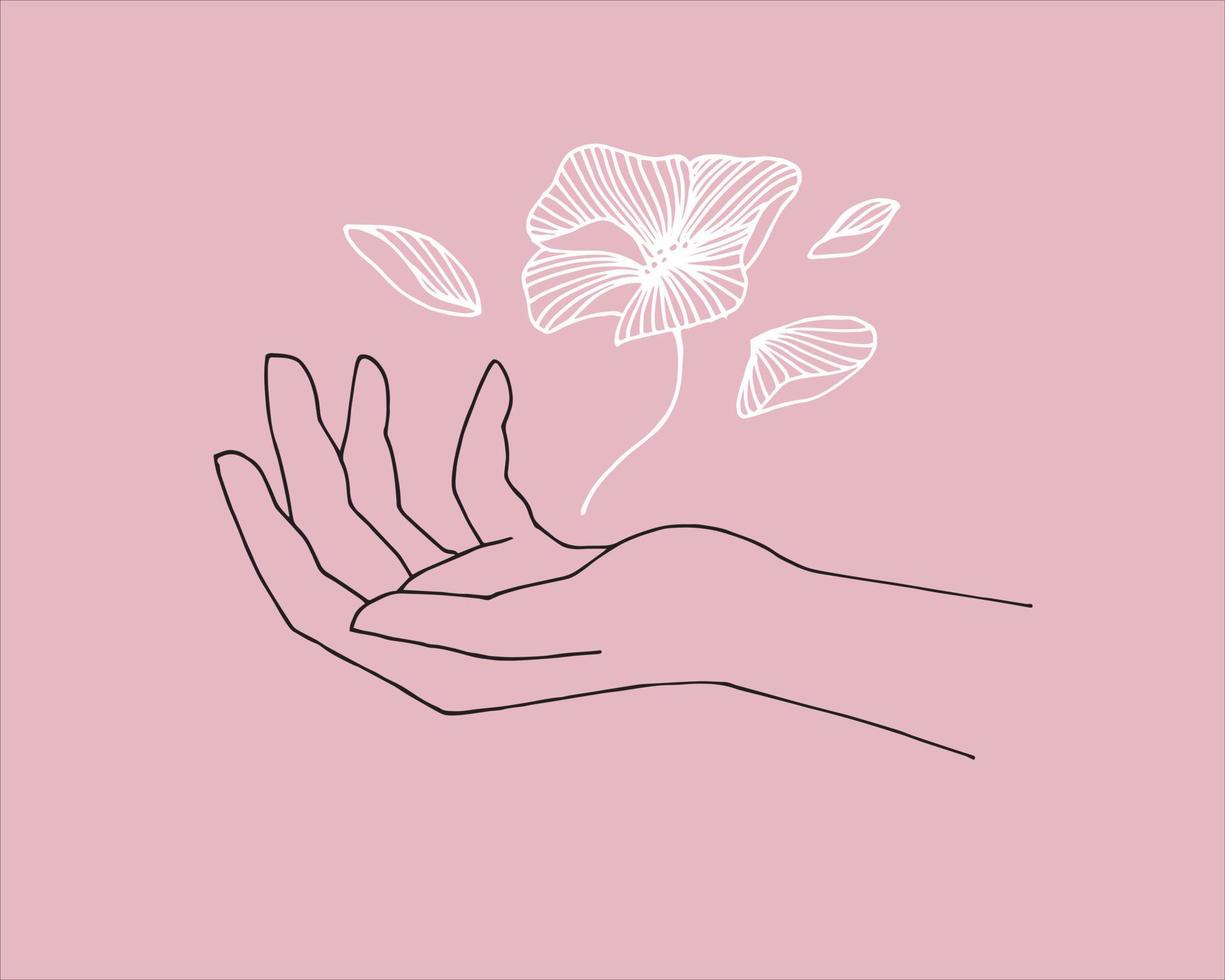 manos femeninas agraciadas estilizadas y una flor. boho fondo estético moderno con gestos de mano femeninos. impresión de arte minimalista moderno, símbolo de cuidado corporal, cosméticos ecológicos, colores pastel. vector