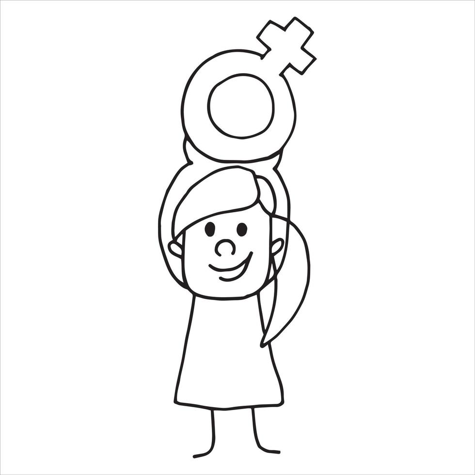 vector illustration in doodle style. cute character woman, girl, with a symbol of feminism. linear drawing on the theme of women's rights, equality, feminism