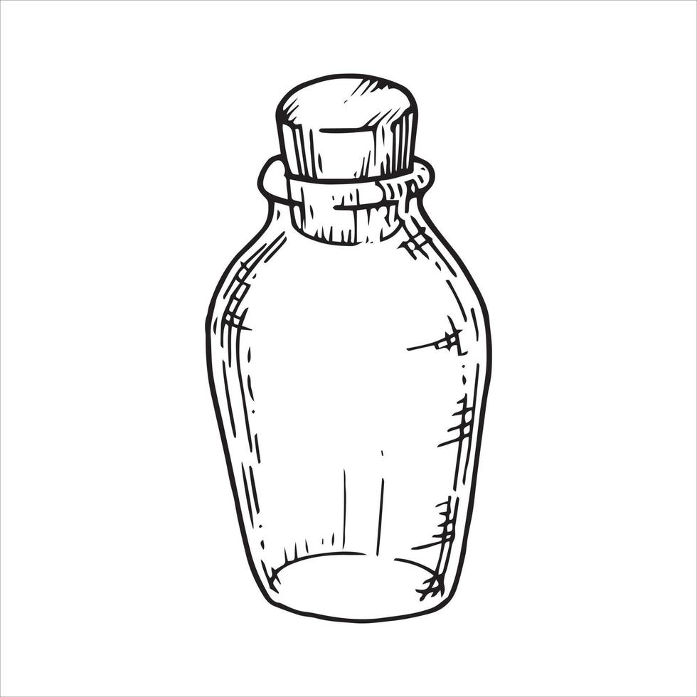 vector line drawing. glass bottles with potions. drawing in vintage style black and white graphics. vessels isolated on white background. symbol of magic, witchcraft, alternative medicine, esotericism