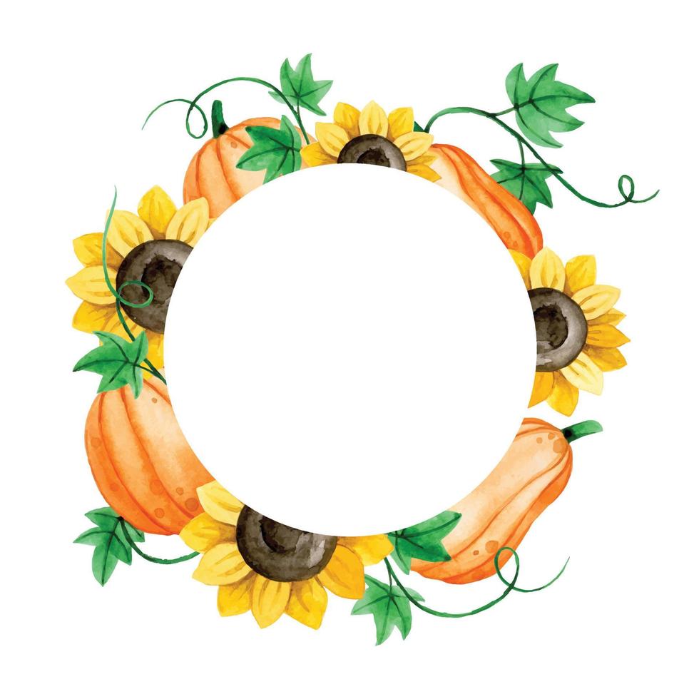 watercolor drawing, round frame on the theme of autumn, thanksgiving, halloween. cute pumpkins and sunflowers. vector