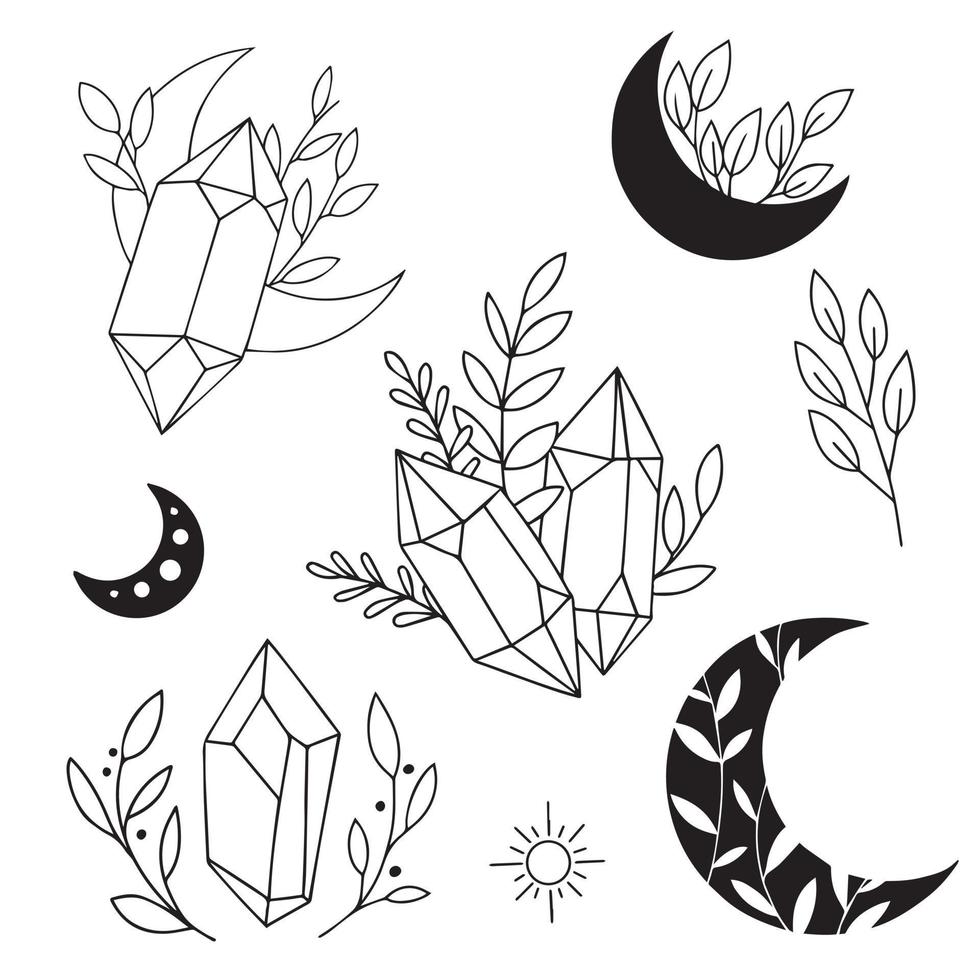 dibujo de línea vectorial, gráfico. elementos mágicos, esotéricos, conjunto. colección de cristales, plantas y hierbas, luna. ilustraciones antiguas sobre el tema del misticismo, celestial vector