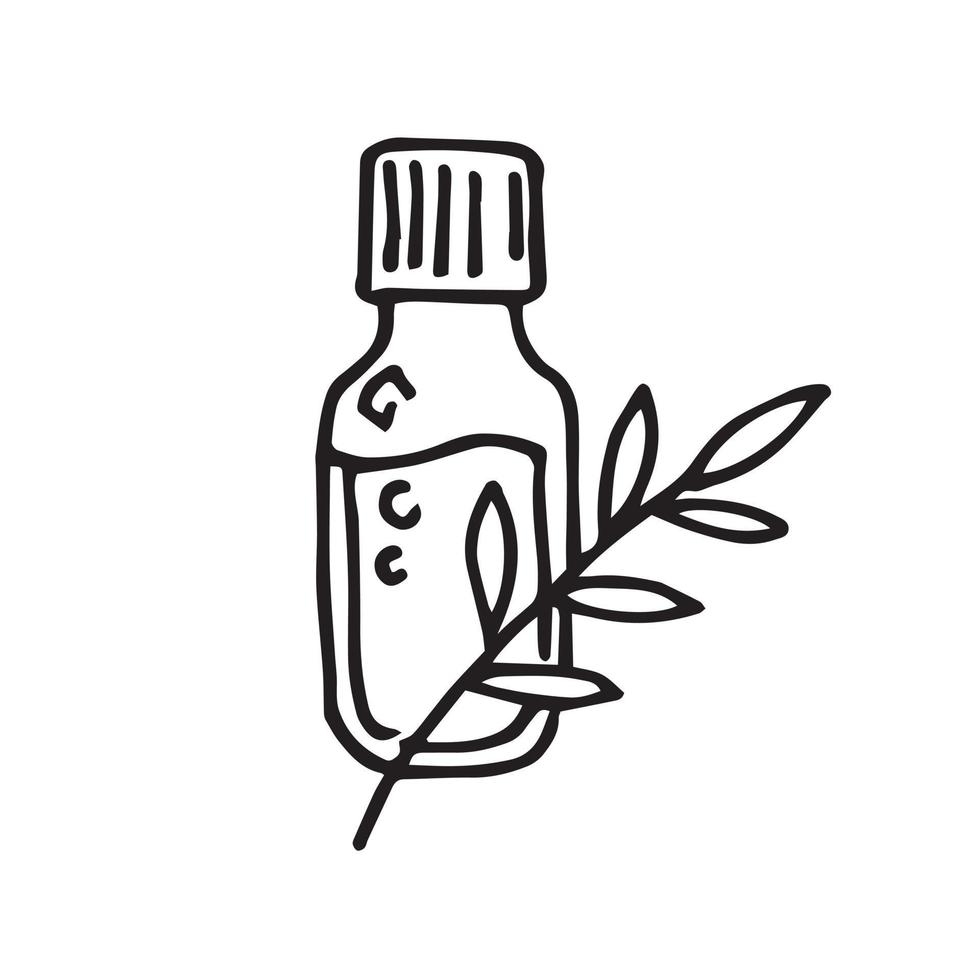 dibujo vectorial al estilo de garabato. un frasco de aceite esencial, cosmético y una ramita de una planta medicinal. icono simple de cosméticos ecológicos, medicina no convencional. aceites esenciales vector