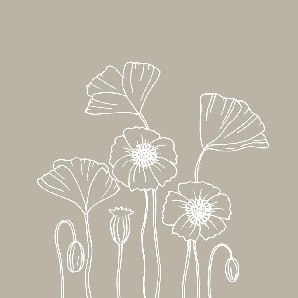 vector line drawing. flowers on a pink background. minimal design postcard. botanical logo.