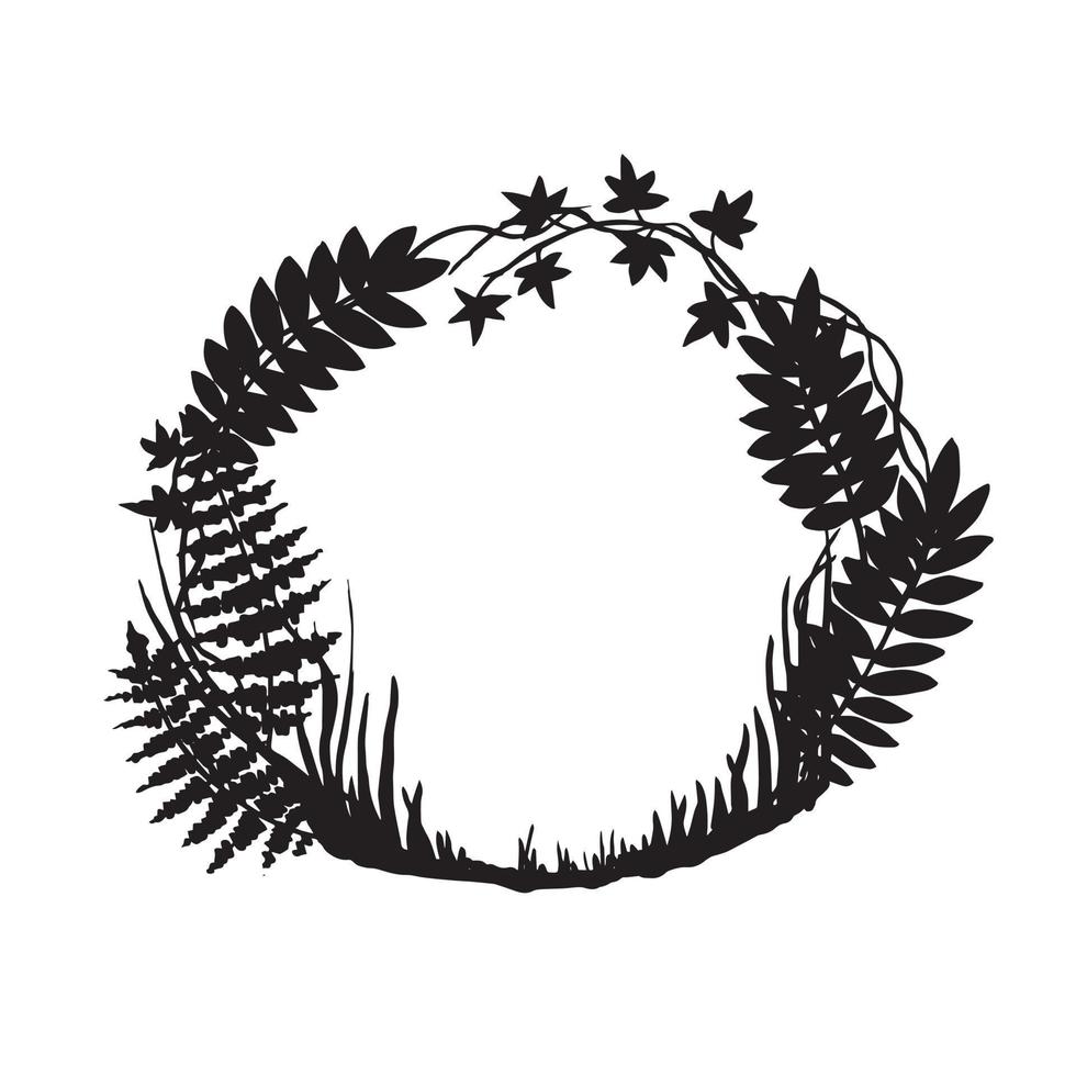 vector black and white illustration, round frame. fabulous, magical forest. silhouette of forest herbs. background for halloween, postcards, books.