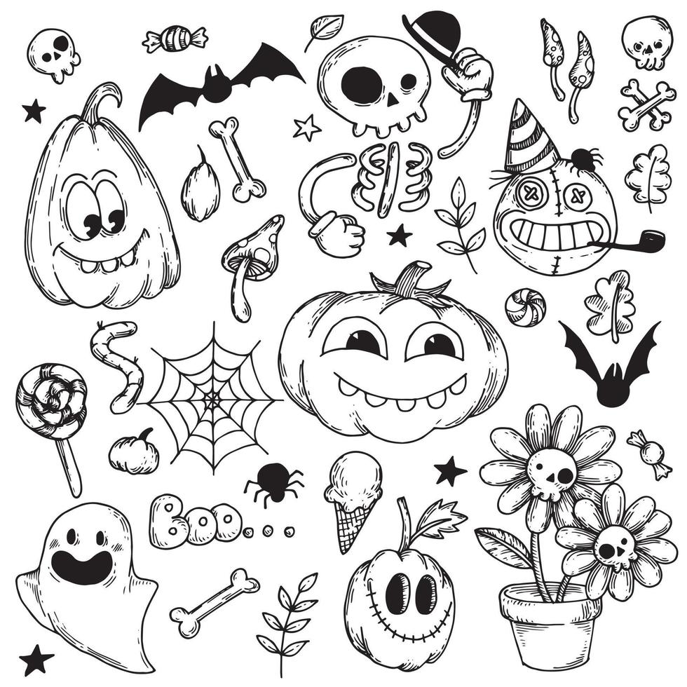 dibujo vectorial conjunto de ilustraciones sobre el tema de halloween al estilo de los dibujos animados de los años 30. gráficos en blanco y negro, imágenes divertidas de esqueletos, calabazas, fantasmas y dulces vector