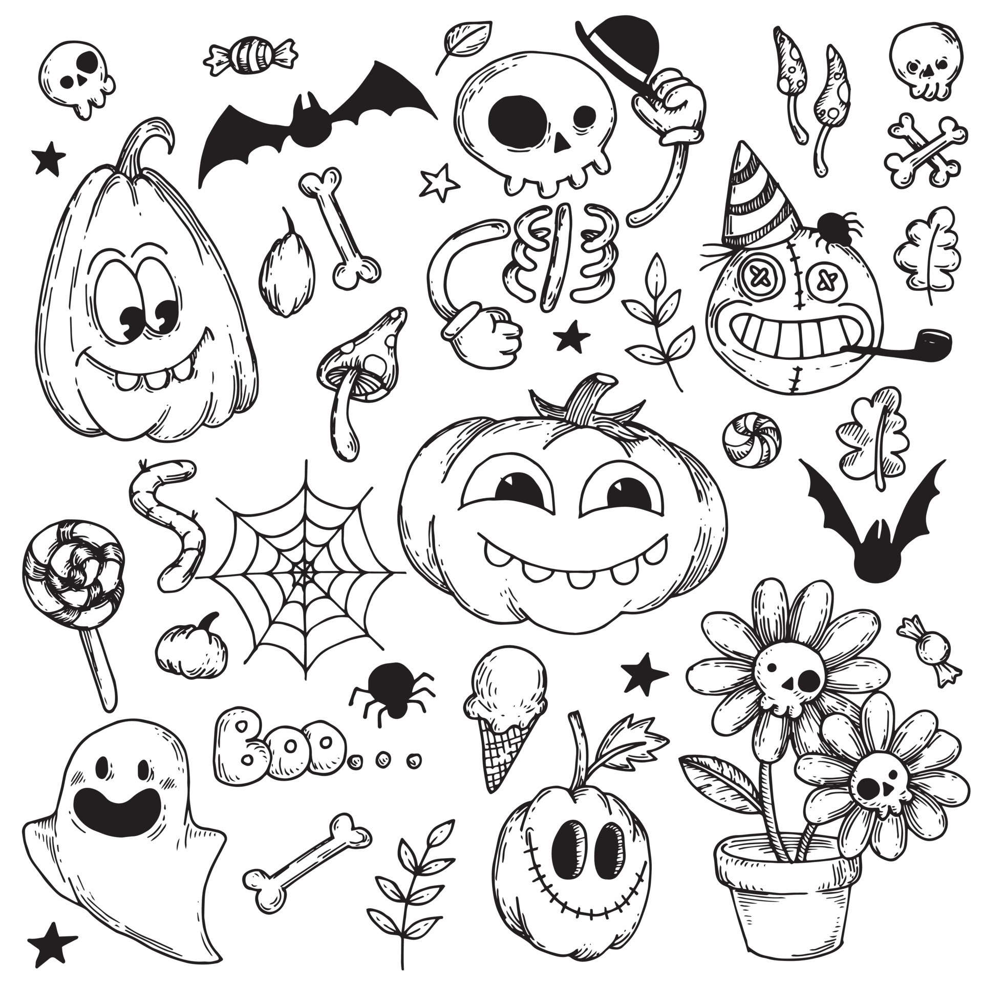 Conjunto De Halloween, Desenho De Linha De Halloween Ilustração Stock -  Ilustração de noite, partido: 159669825