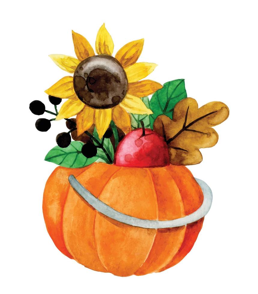 dibujo de acuarela. composición otoñal, ramo con calabazas y girasoles. acción de gracias, cosecha, halloween. vector