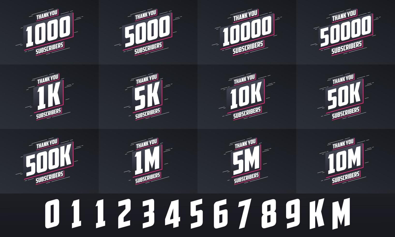 Thank you Subscribers Greeting card bundle. Thank you 1000, 1k, 10000, 10k, 50k, 1M Subscribers celebration social media bundle design. vector