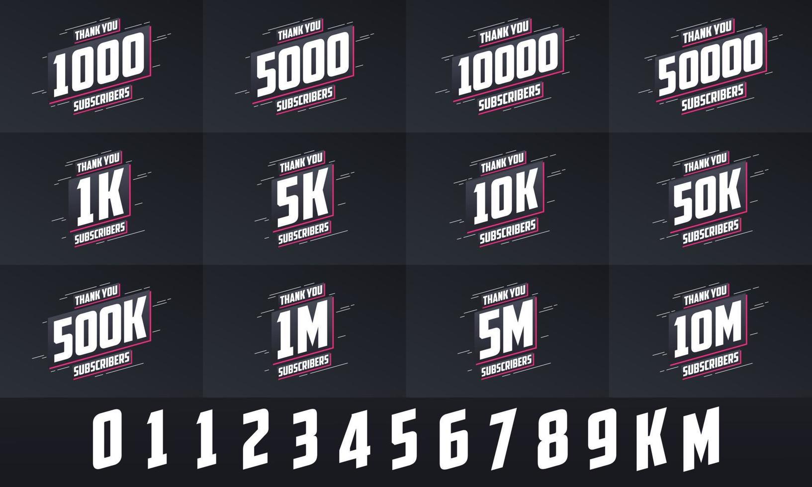 gracias paquete de tarjetas de felicitación de suscriptores. gracias 1000, 1k, 10000, 10k, 50k, 1 millón de suscriptores celebran el diseño del paquete de redes sociales. vector