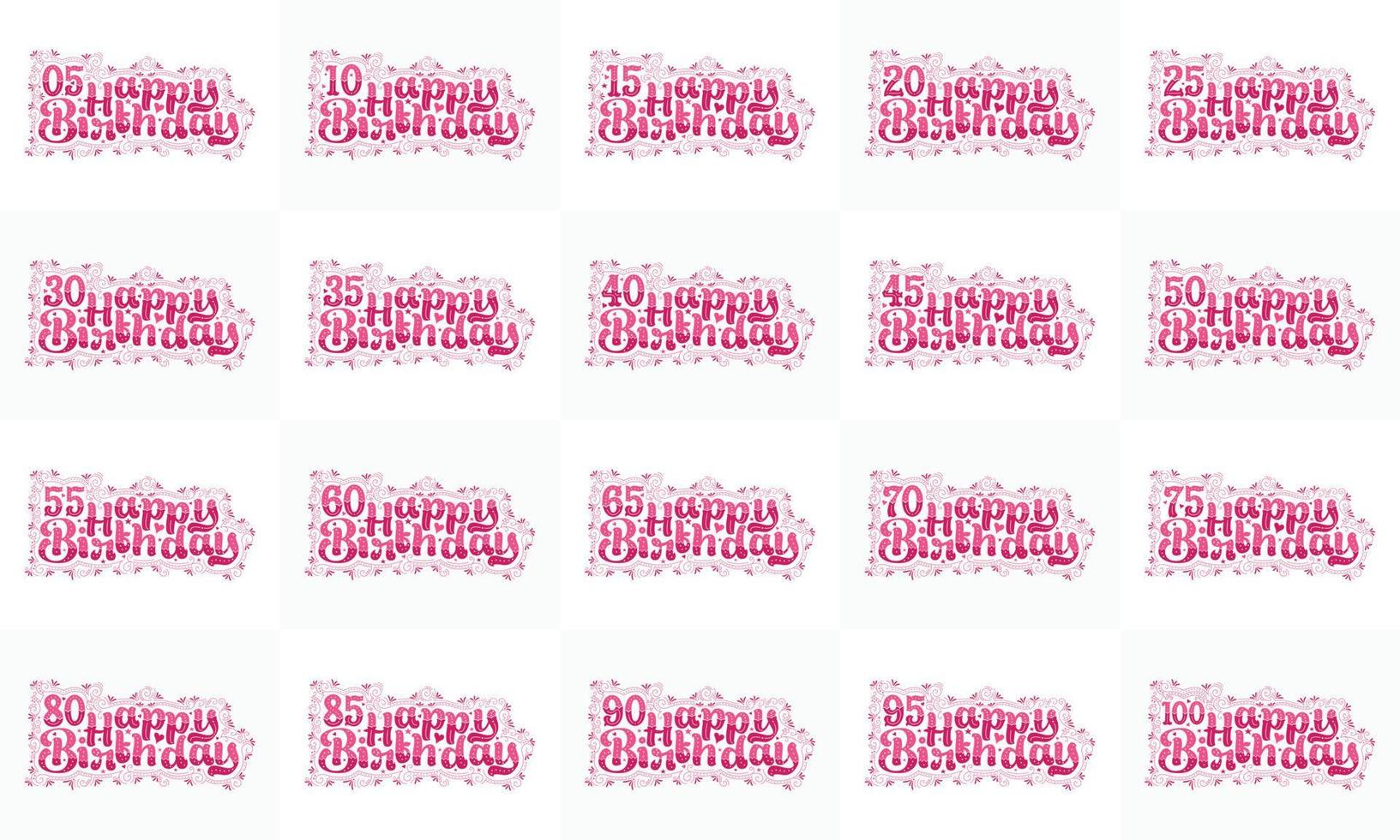 Beautiful Happy Birthday Celebration typography design bundle. 10th, 20th, 30th, 40th, 50th, 60th Birthday design bundle vector