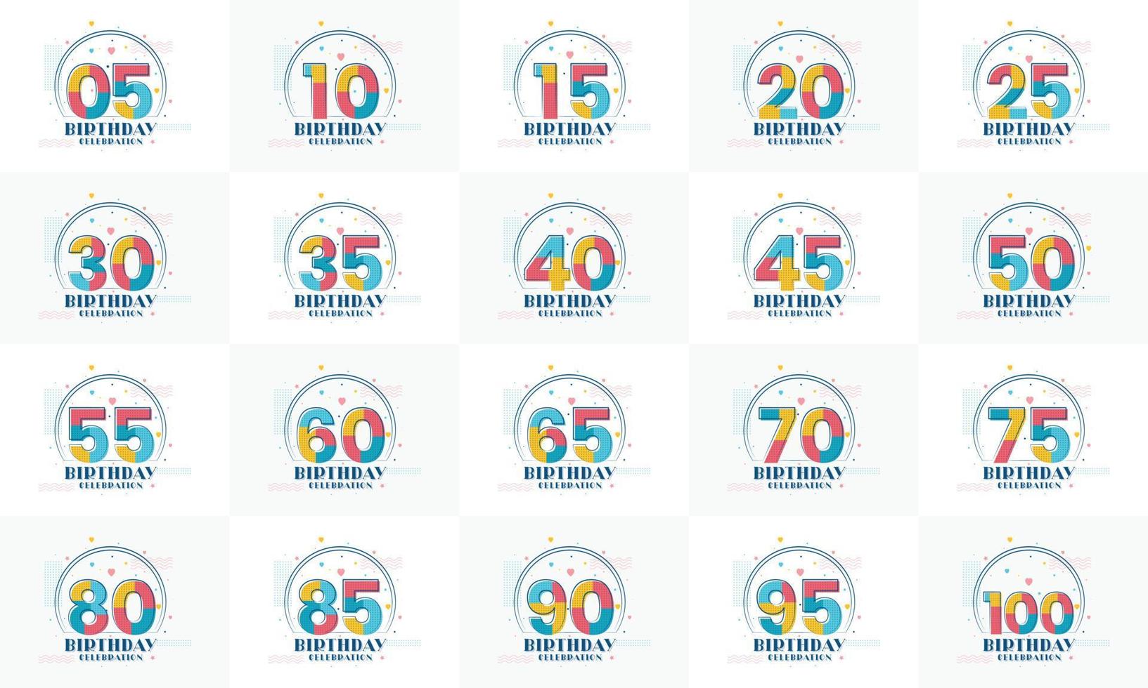 Birthday Logo Bundle.  Set of modern Birthday celebration logos. 5th, 10th, 15th, 20th, 25th, 30th, 35th, 40th, 45th, 50th, 55th, 60th, 65th, 70th, 75th, 80th, 85th, 90th, 95th, 100th birthday vector