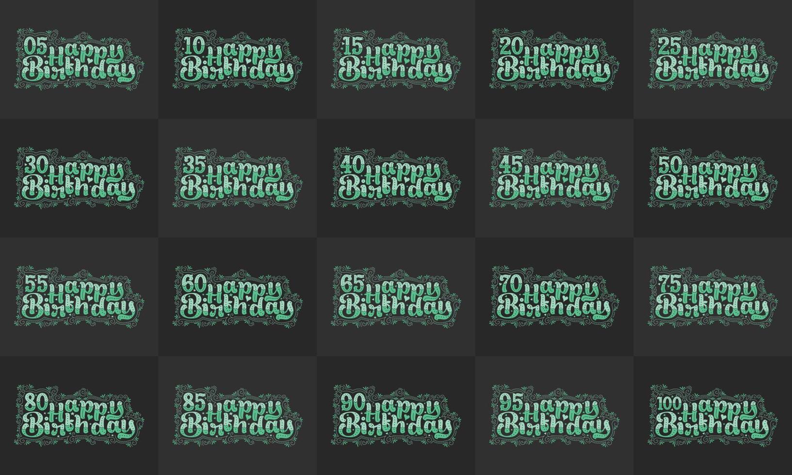 Beautiful Happy Birthday Celebration typography design bundle. 10th, 20th, 30th, 40th, 50th, 60th Birthday design bundle vector