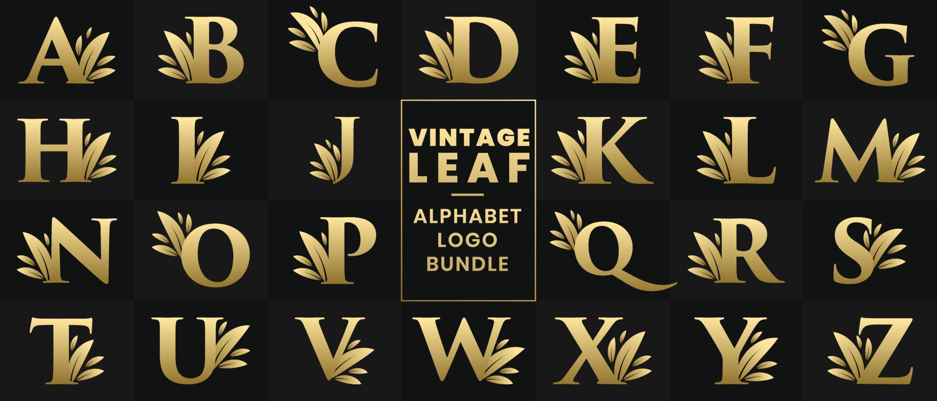 paquete de logotipo de alfabeto de hoja vintage. logotipo de letra vintage retro dorado establecido de la a a la z vector