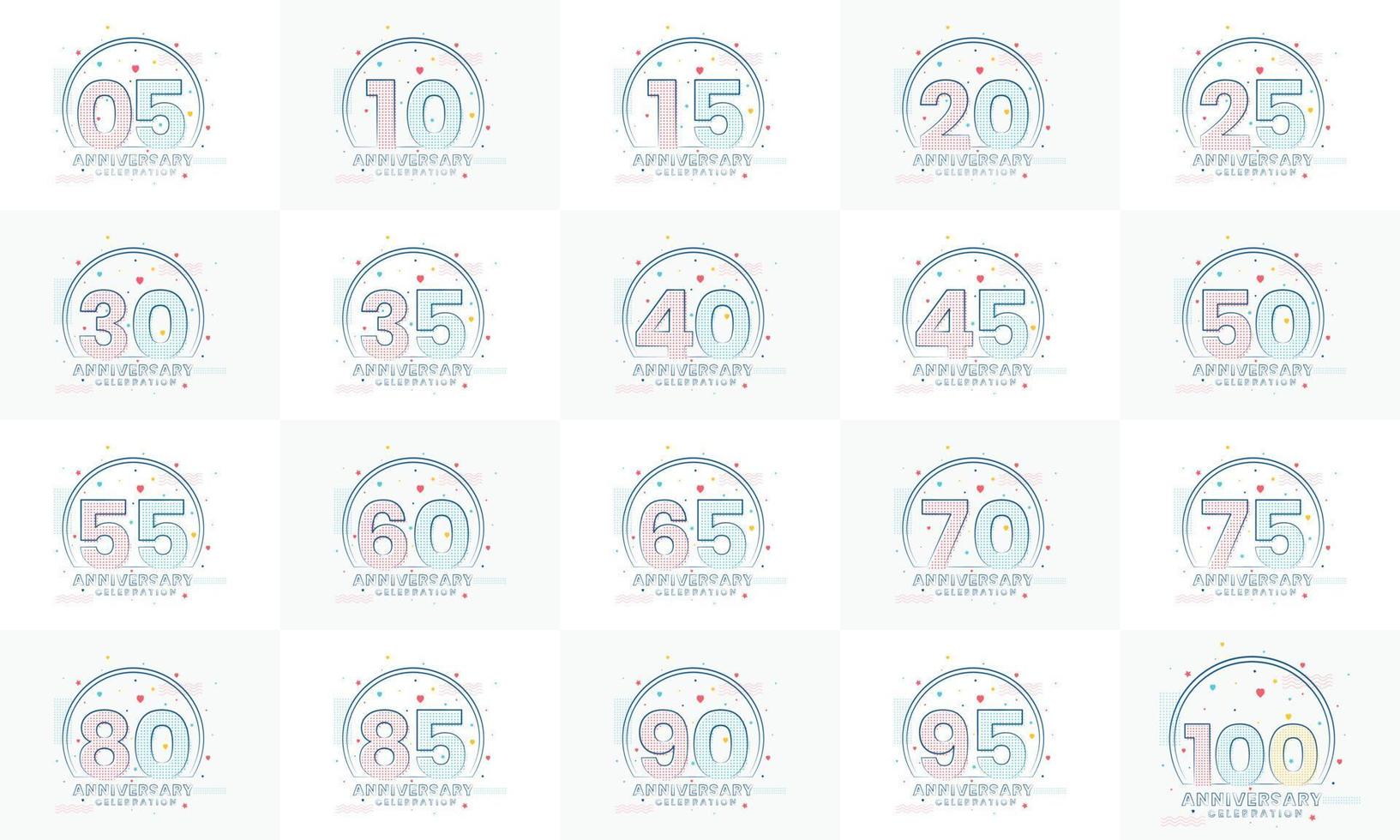 Modern Anniversary Logo Set.  5th, 10th, 15th, 20th, 25th, 30th, 35th, 40th, 45th, 50th, 55th, 60th, 65th, 70th, 75th, 80th, 85th, 90th, 95th, 100th Anniversary celebration logo bundle. vector