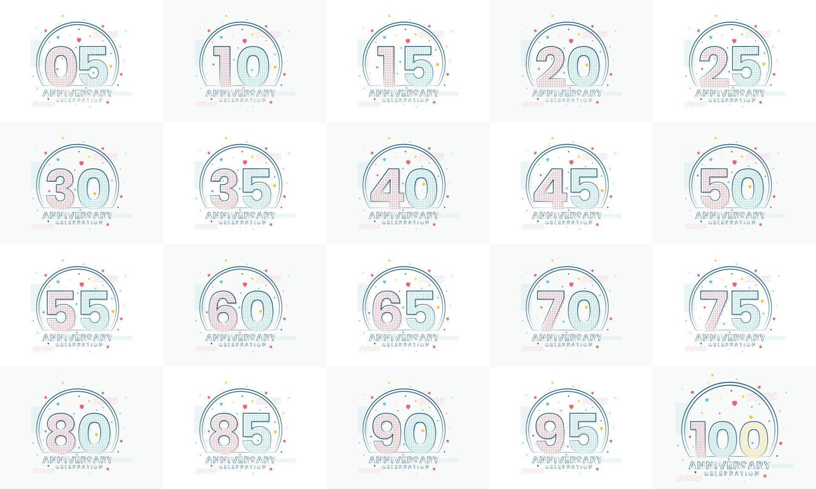 Modern Anniversary Logo Set.  5th, 10th, 15th, 20th, 25th, 30th, 35th, 40th, 45th, 50th, 55th, 60th, 65th, 70th, 75th, 80th, 85th, 90th, 95th, 100th Anniversary celebration logo bundle. vector