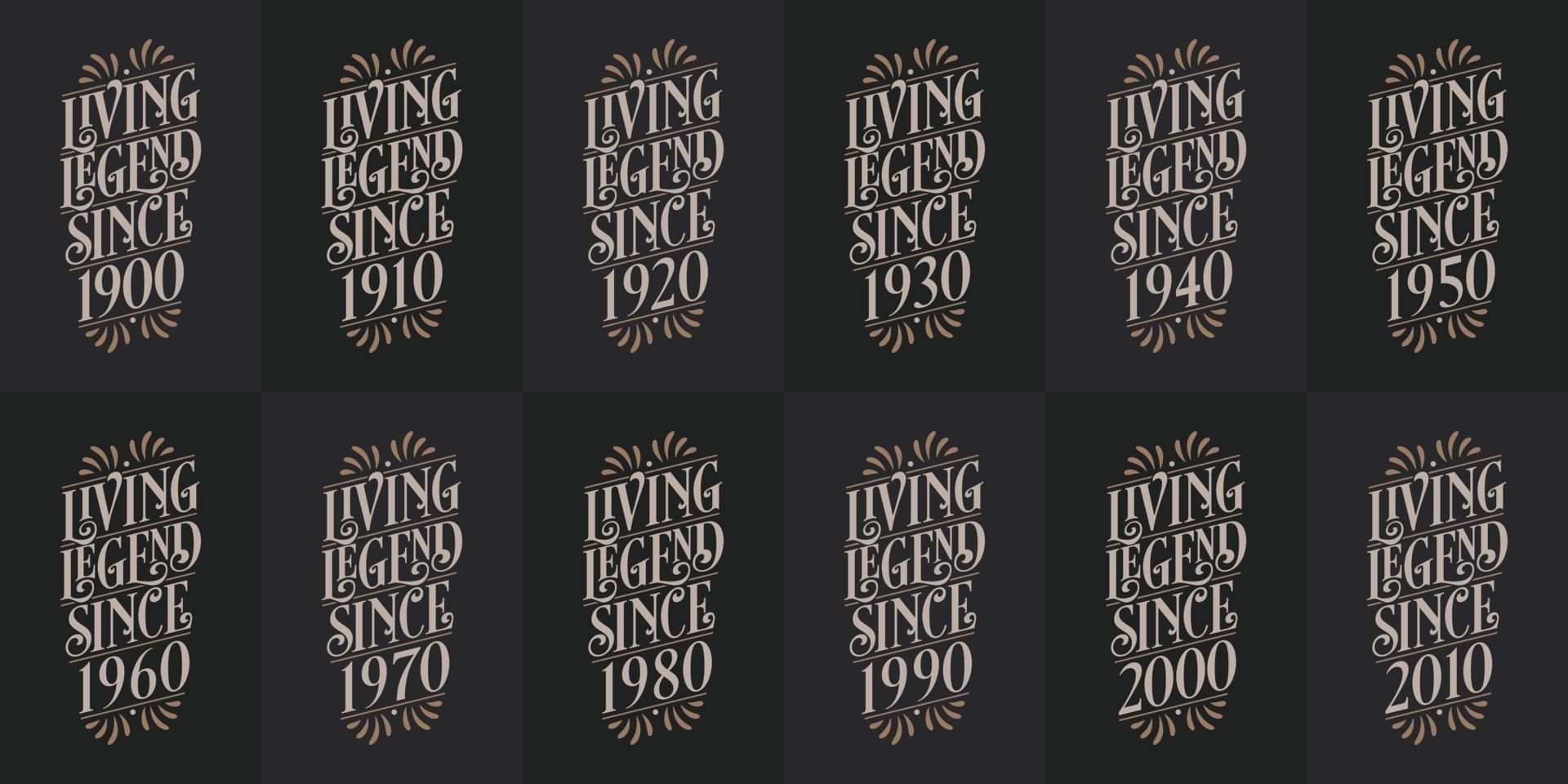 hermoso paquete de diseño de cumpleaños con letras. leyenda viva desde 1900, 1910, 1920, 1930, 1940, 1950, 1960, 1970, 1980, 1990 vector