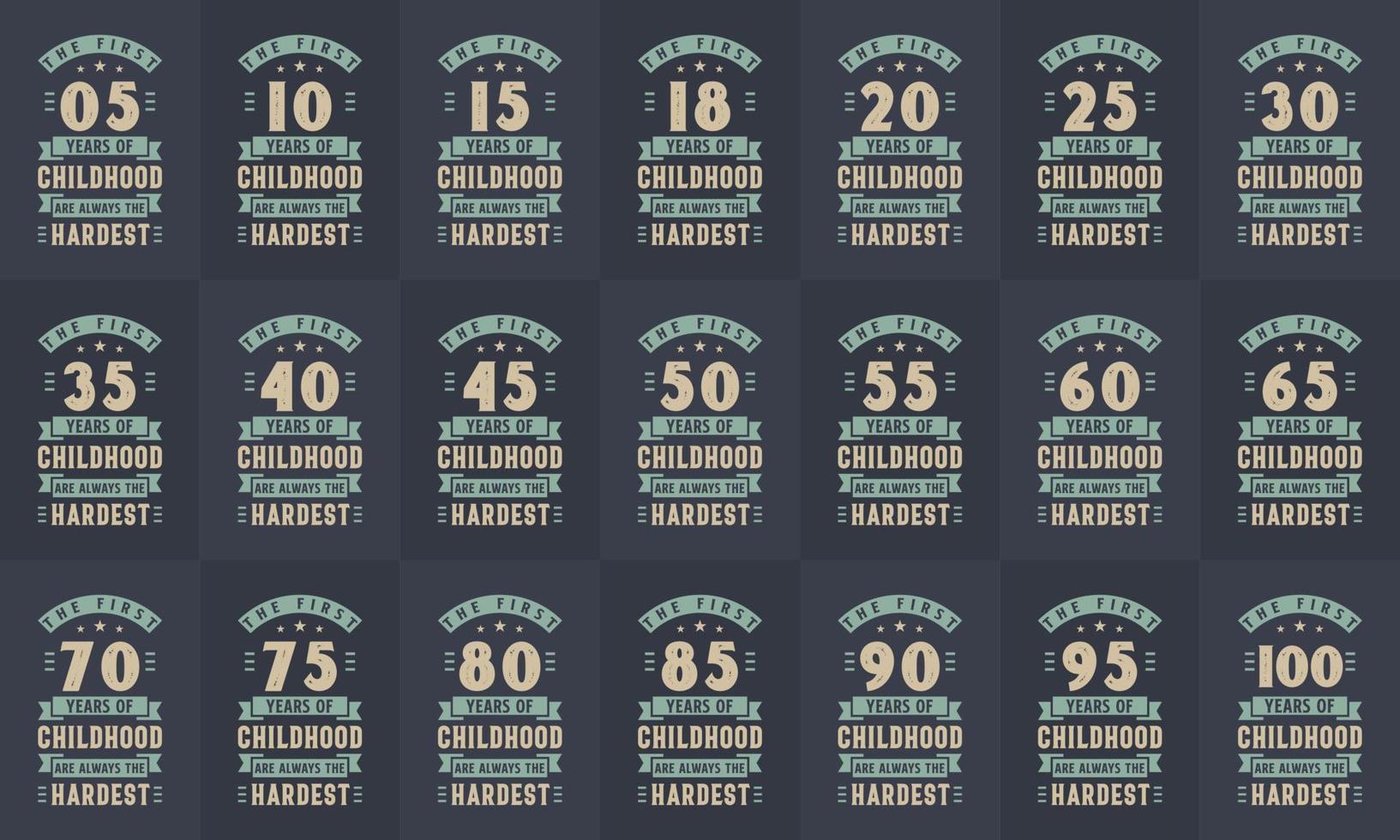 paquete de diseño de cumpleaños. paquete de tipografía de cumpleaños retro vintage. los primeros 5, 10, 15, 10, 15, 20, 25, 30, 35, 40, 45, 50, 55, 60, 65, 70, 75, 80, 85, 90, 95, 100 años de infancia vector