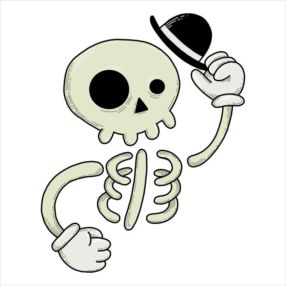 ilustración vectorial en estilo garabato. lindo esqueleto, calavera y  huesos. divertidos dibujos animados de dibujo de los años 30. vacaciones de  halloween 10402789 Vector en Vecteezy