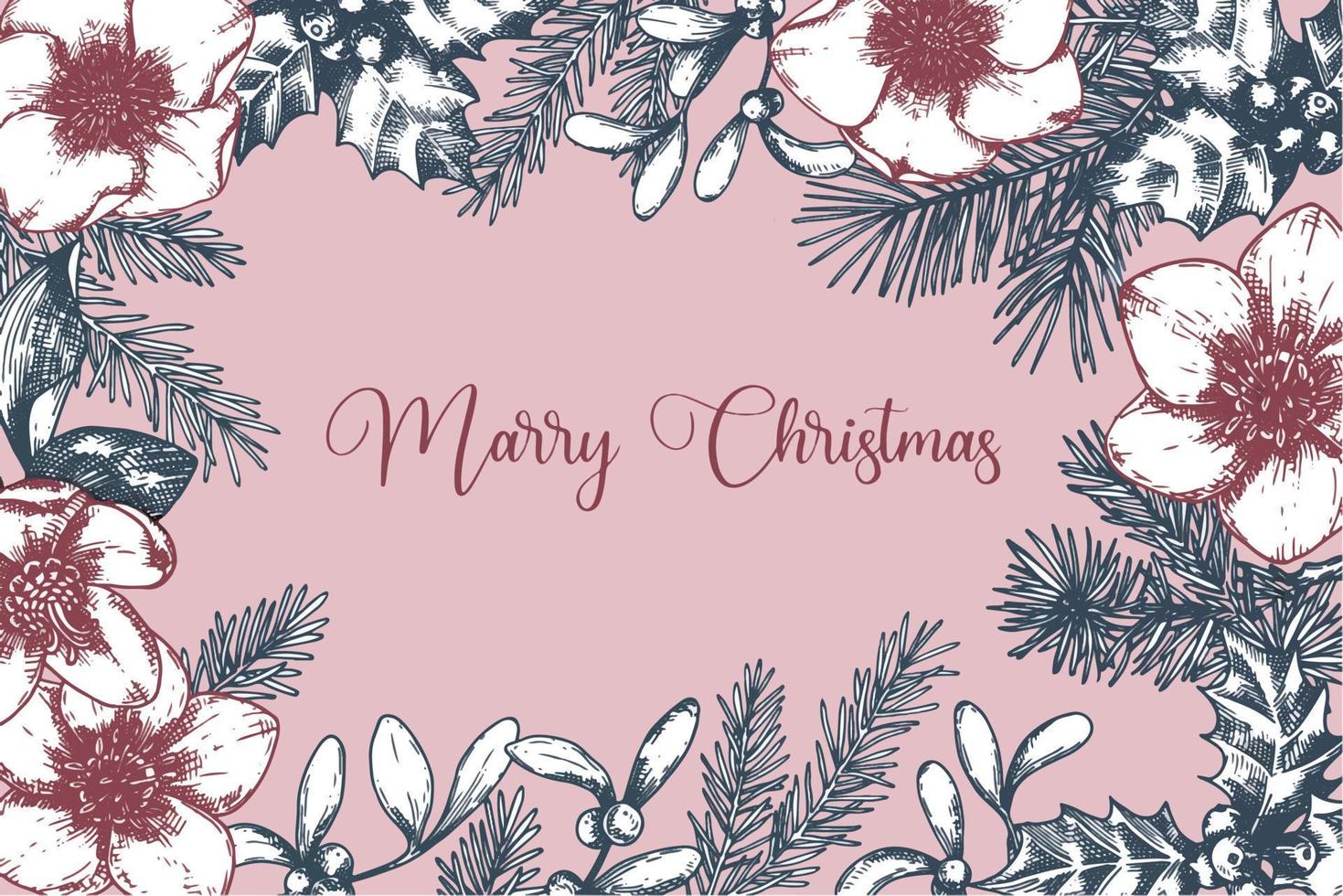 tarjeta de felicitación para navidad. marco rectangular vintage, dibujo estilo boceto, retro. plantas de navidad, ramas de abeto, conos, acebo, muérdago vector