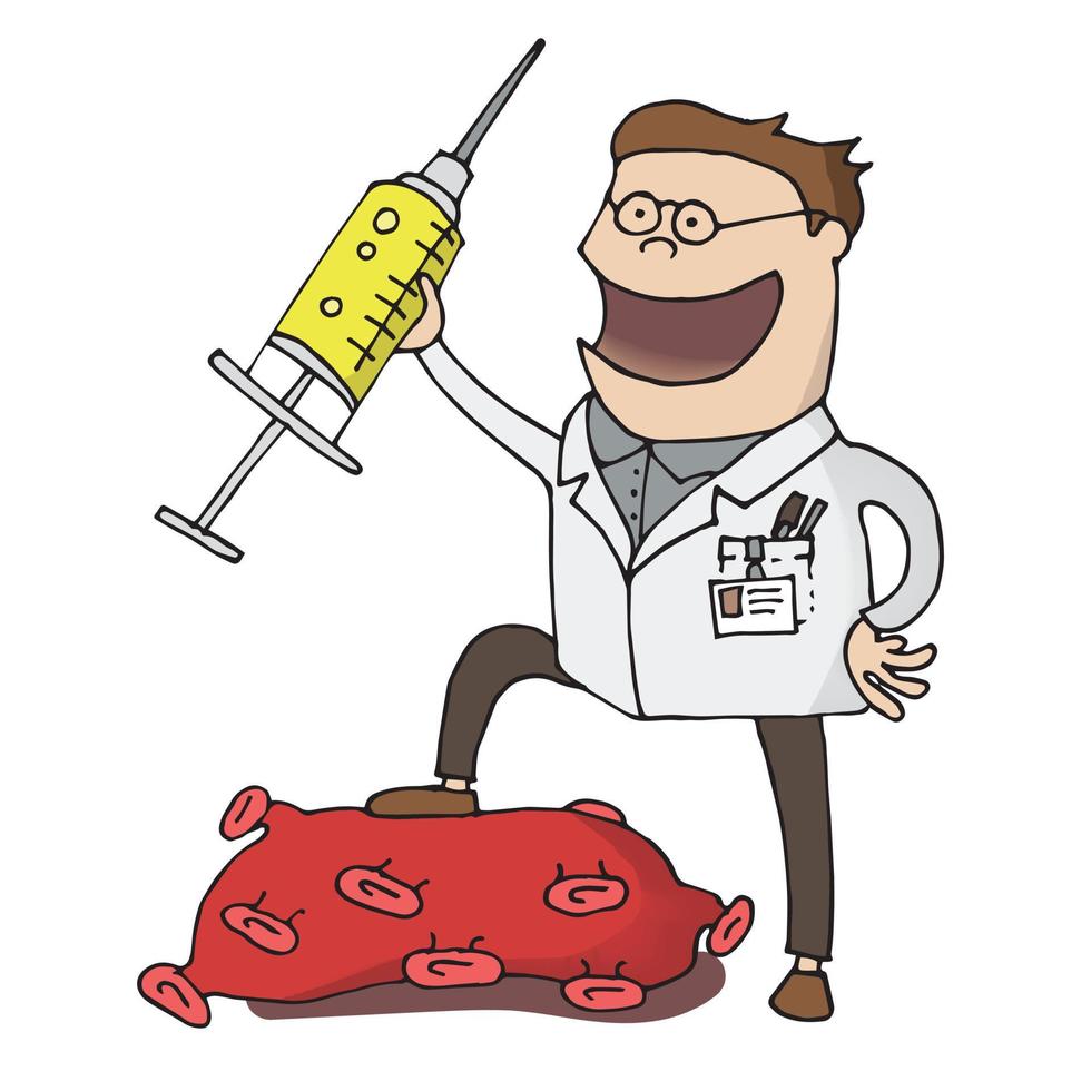 Vector illustration. Coronavirus vaccine drawing in cartoon style. The scientist invented a vaccine, the cure for the virus. Victory over disease concept with dead virus. isolated on white background