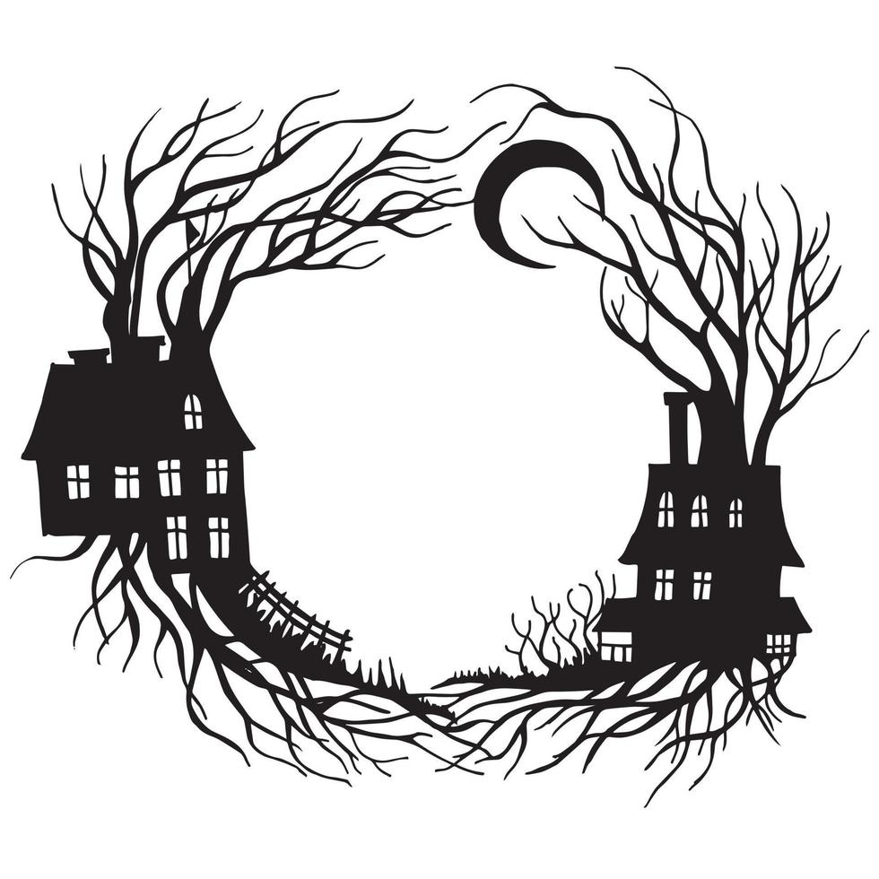vector drawing, round frame halloween card. dark silhouettes of trees, houses, the moon on a white background. mystical, magical forest. black and white drawing, background for postcards, books