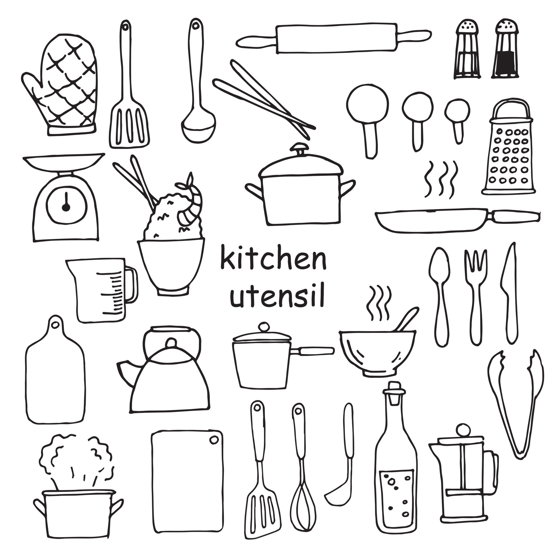 Drawing Kitchen Utensils, Doodle Kitchen Items