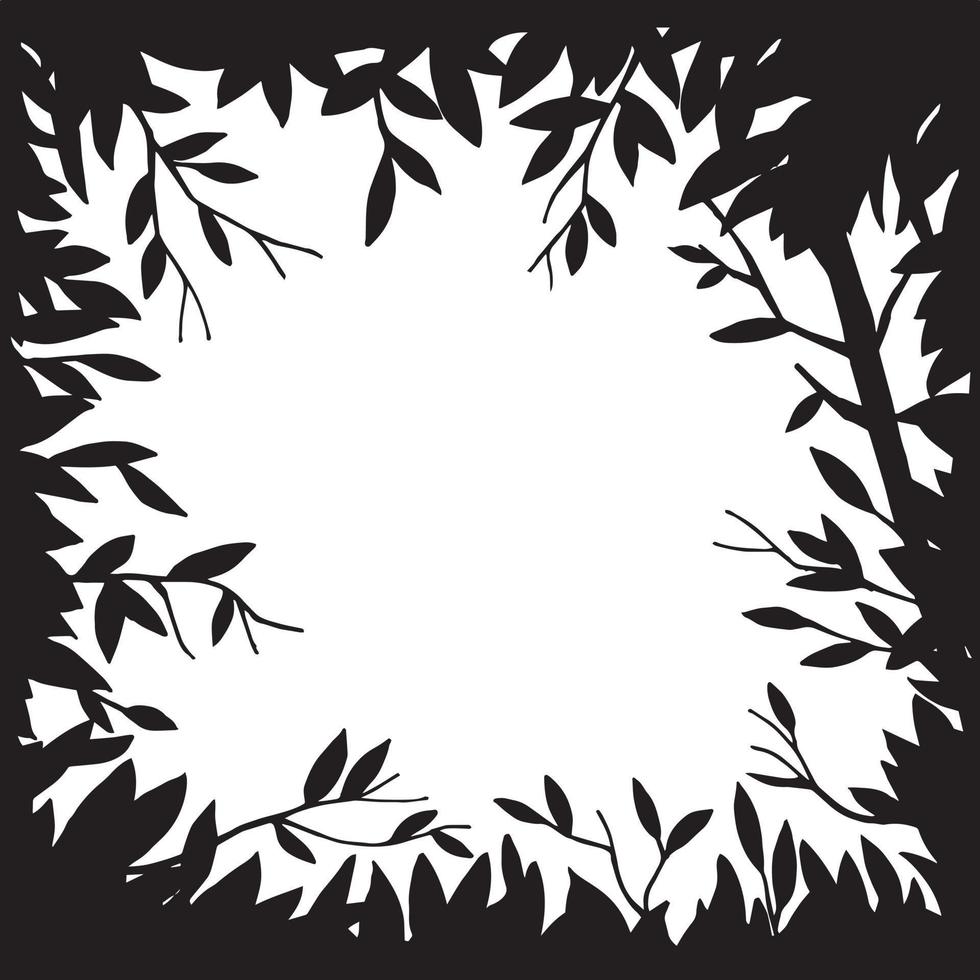 vector black and white drawing, frame. magical, fairy forest, a frame of leaves and branches. background for greeting card, book. design for halloween
