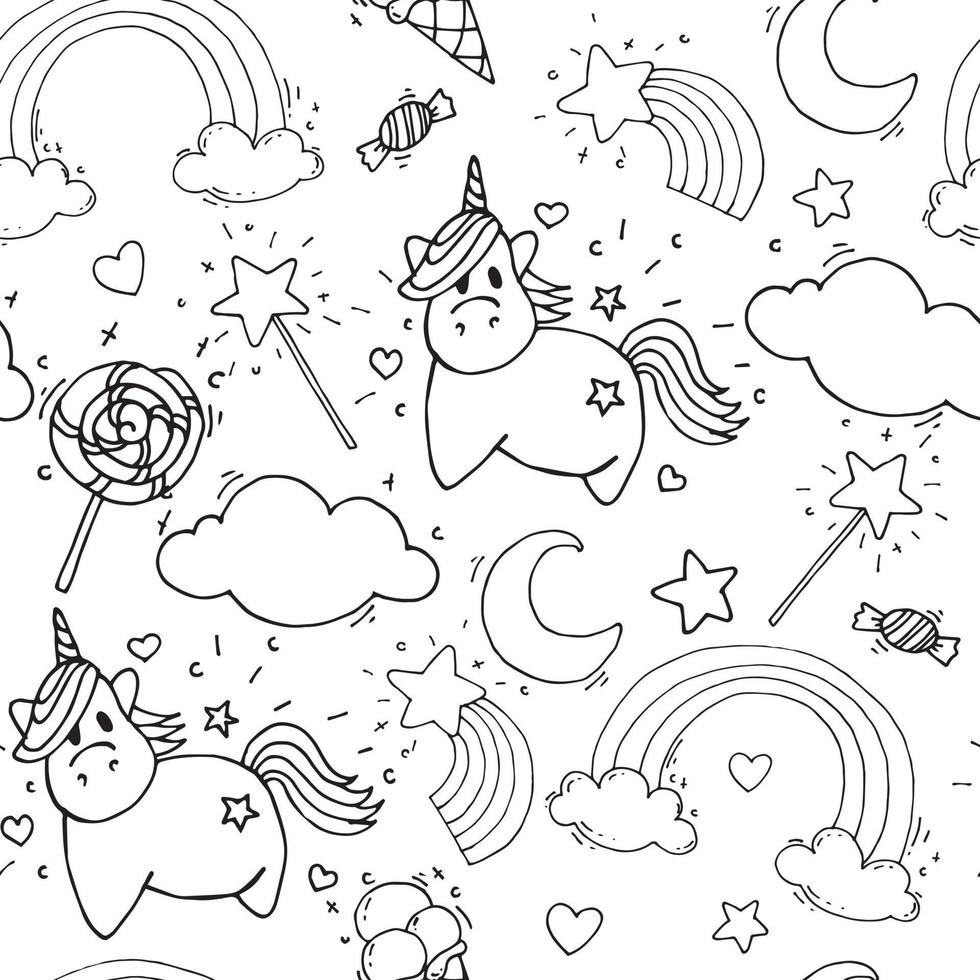 vector seamless pattern with unicorns. magical unicorns, rainbow, lollipops, clouds, line drawings isolated on white background. in the style of doodle, flat, cartoon. coloring book, black and white