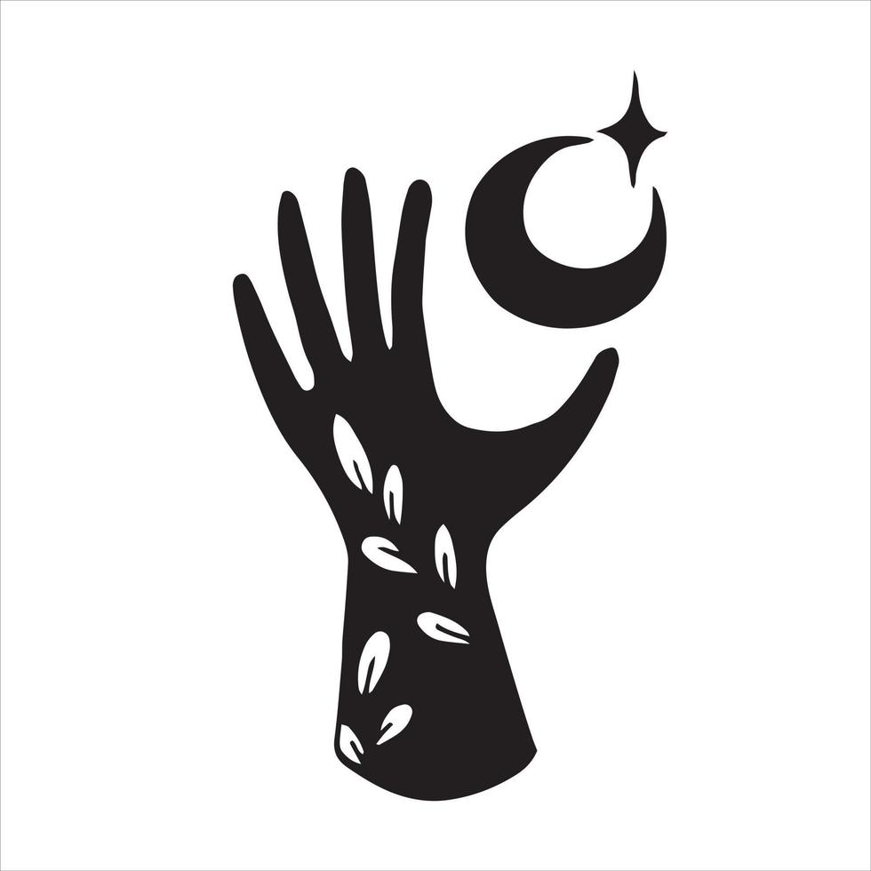 vector drawing in the style of doodle. hand moon and star, mystical symbol, celestial bodies, witchcraft, esotericism. black and white sketch in vintage style