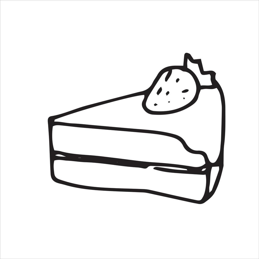 vector illustration in doodle style. piece of cake with strawberries. simple drawing of dessert pie, cake. black and white line drawing