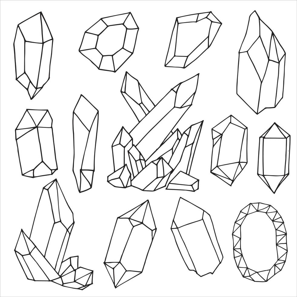 vector illustration in doodle style. set of crystals. collection of simple graphic drawings of crystals, stones, diamonds. cliparts isolated on white background