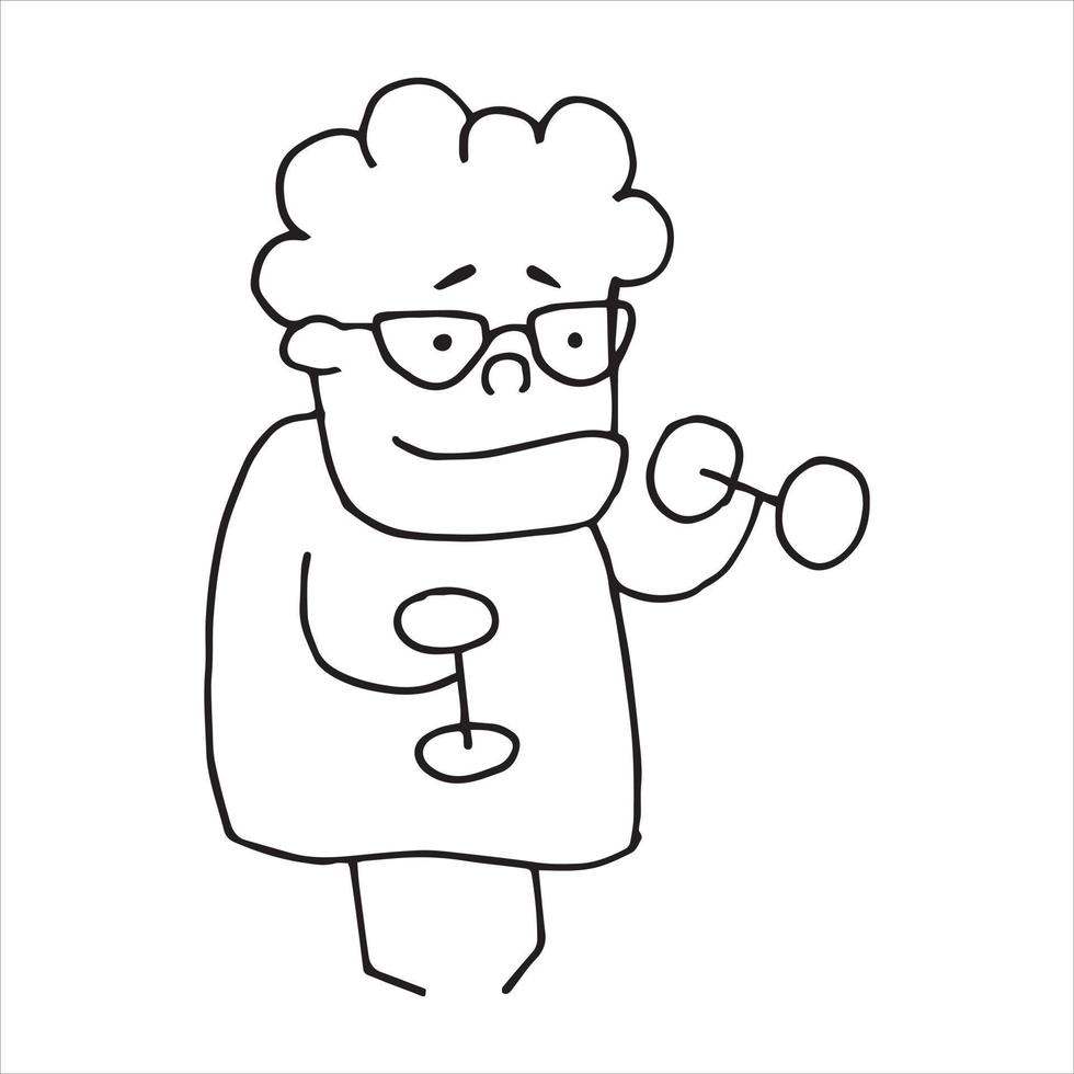 cute doodle vector drawing. elderly woman goes in for sports. funny grandmother, grandma with dumbbells doing exercises.