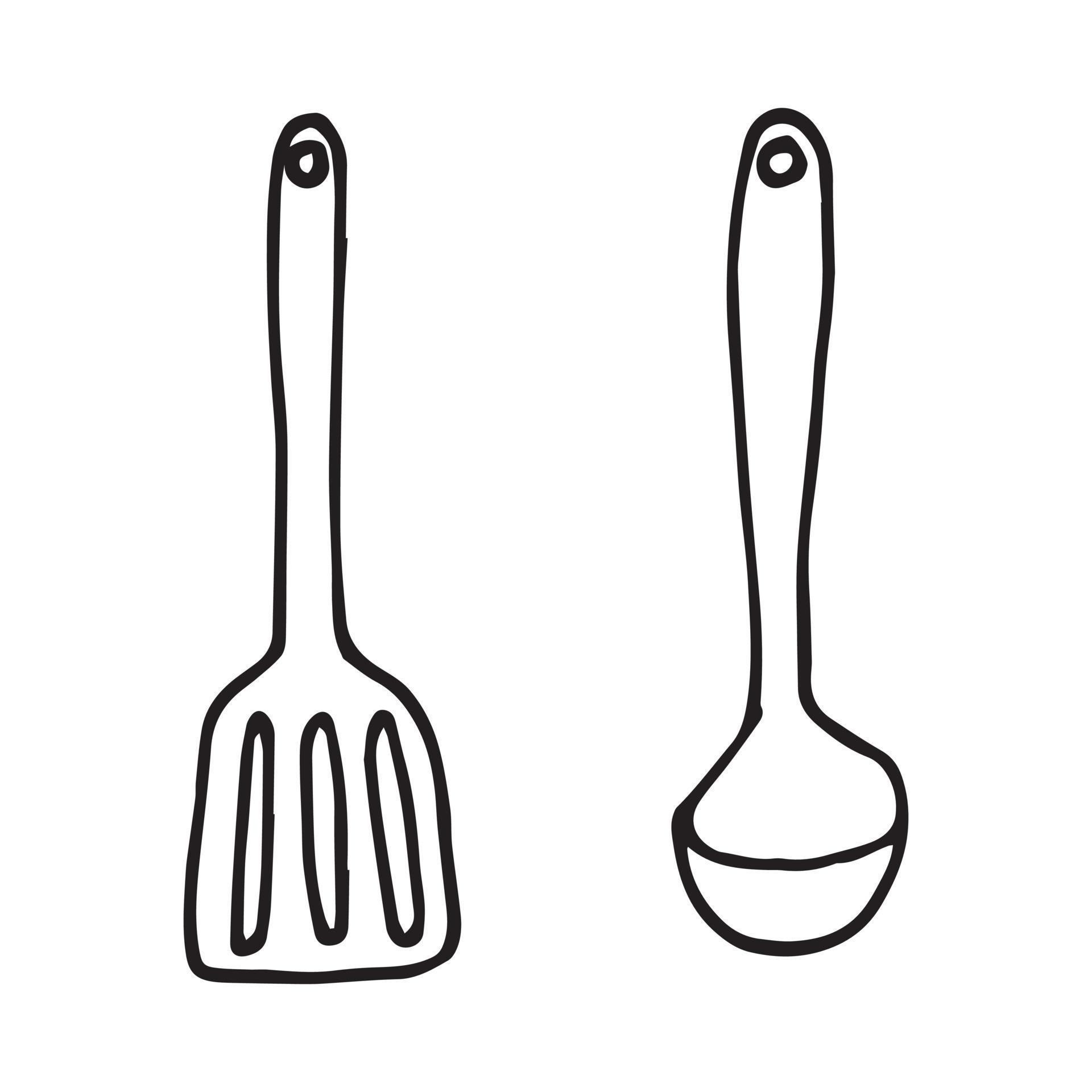 vector drawing in the style of doodle. steamer, kitchen spatula, whisk