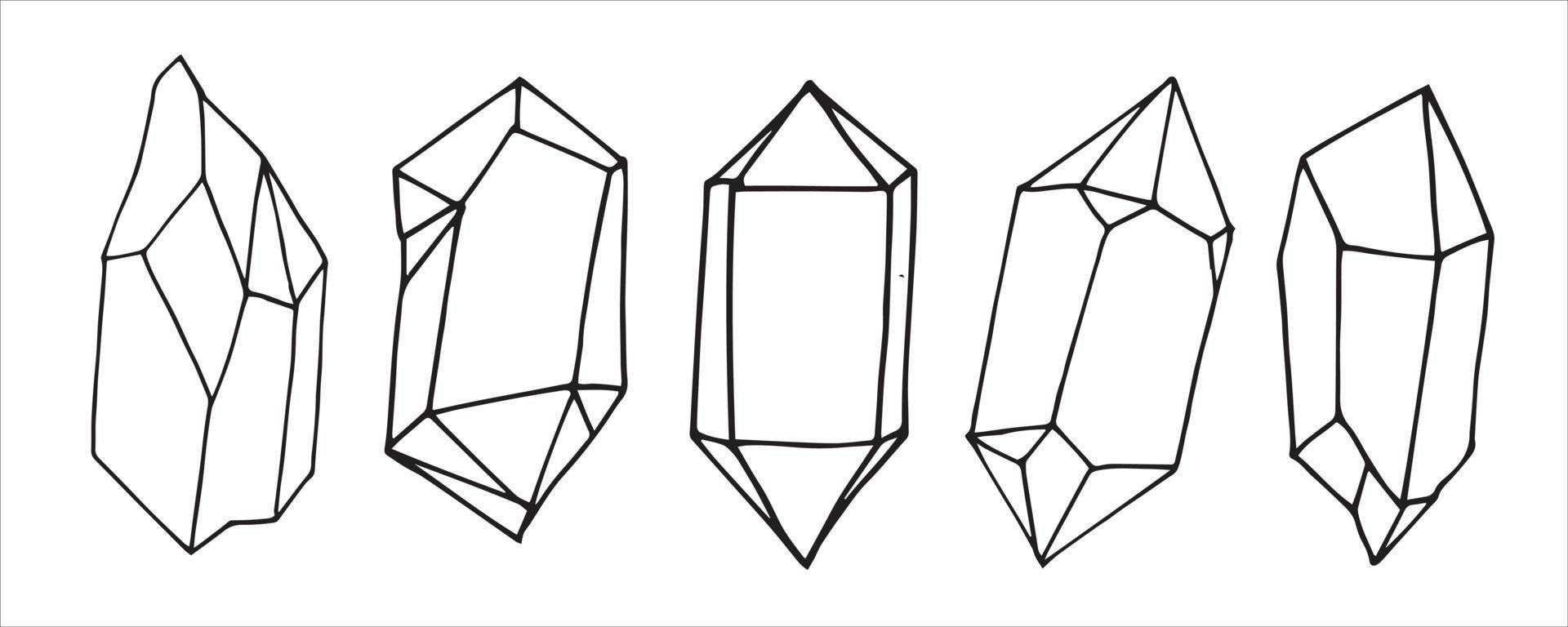 vector illustration in doodle style. set of crystals. collection of simple graphic drawings of crystals, stones, diamonds. cliparts isolated on white background