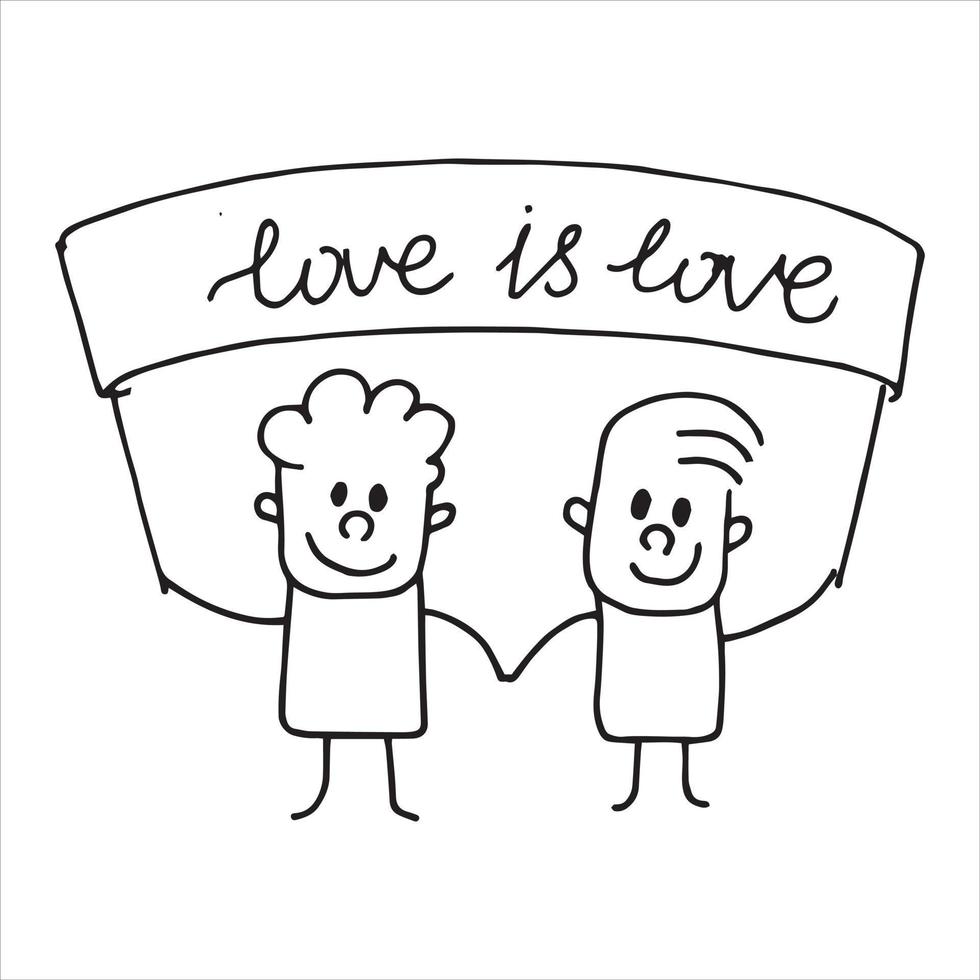 ilustración vectorial en estilo garabato. lindo personaje dos hombres, pareja de socios con bandera, el amor es amor. símbolo de lgbt, homosexualidad, igualdad de derechos. vector