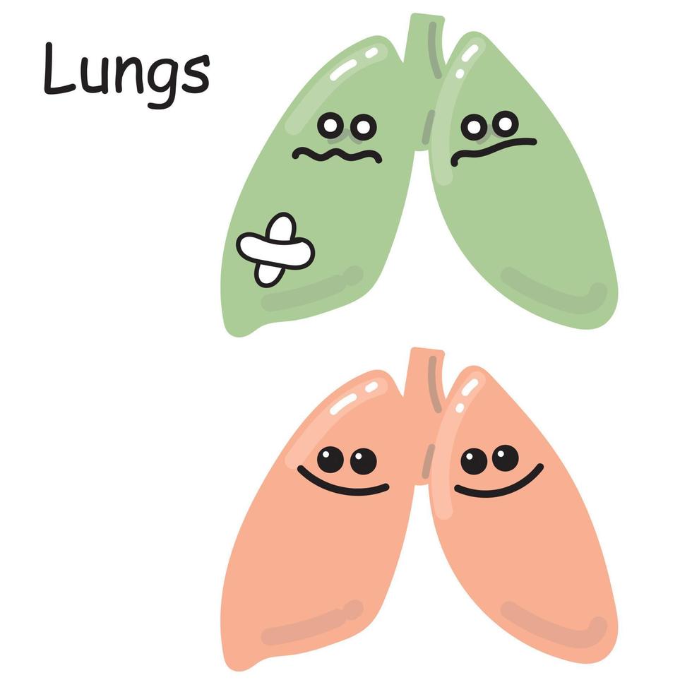 stock ilustración vectorial dibujo órganos internos pulmones. dibujo para niños tema médico comparación de órganos enfermos y sanos. en estilo de dibujos animados aislado sobre fondo blanco clipart lindo kawaii vector