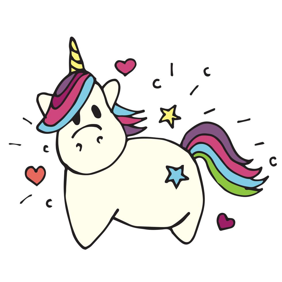 Vector illustration doodle, cartoon, flat style. cute unicorn. color picture for children magical unicorn with a rainbow mane. print for girls, little princesses. isolated on white background