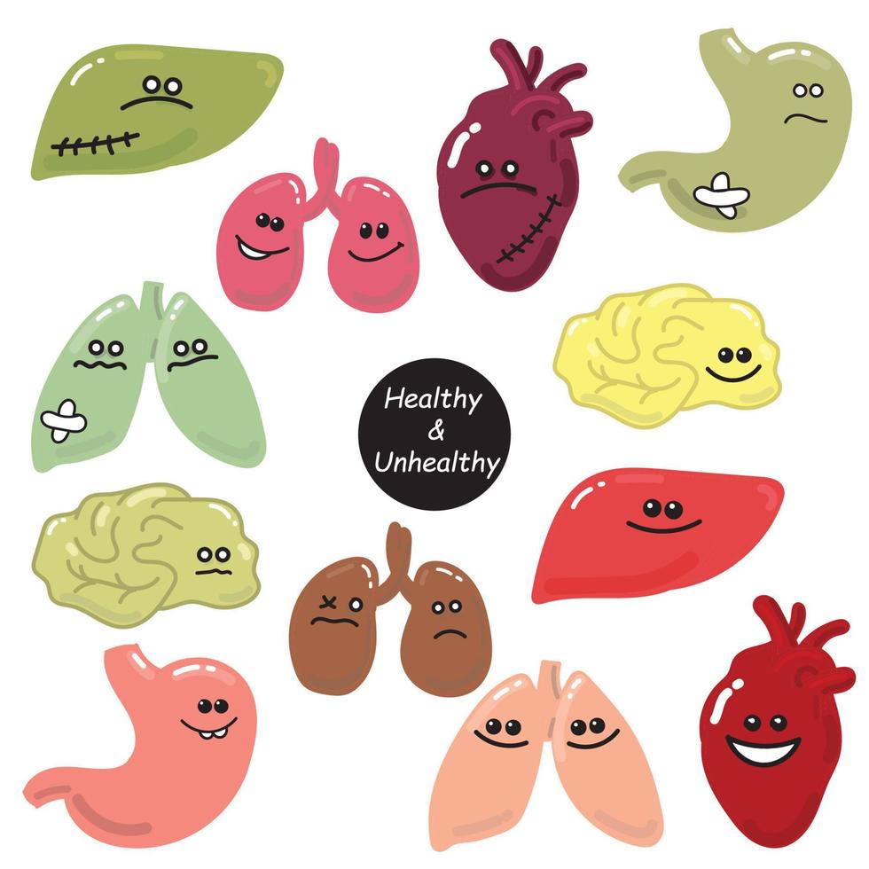 doodle style vector illustration. a set of internal organs healthy and unhealthy. icons comparison of sick and healthy organs. stomach, liver, heart, lungs, kidneys, brain. flat for children comics