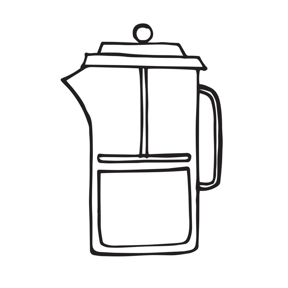 flat illustration in doodle style. vector drawing. tea pot, French presses. simple icon Frenchpress, tea time, breakfast time. isolated on white background