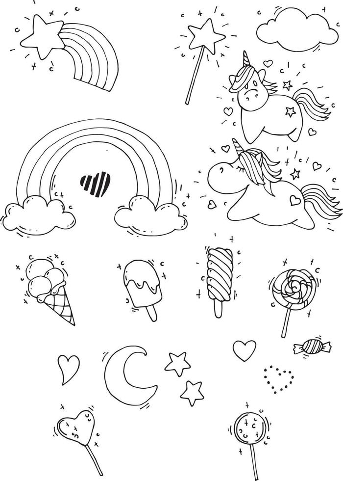 vector seamless pattern with unicorns. magical unicorns, rainbow, lollipops, clouds, line drawings isolated on white background. in the style of doodle, flat, cartoon. coloring book, black and white