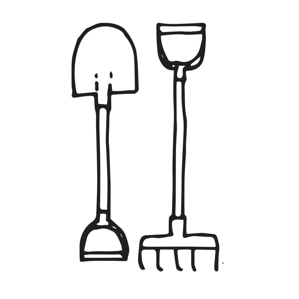 stock vector illustration drawing in doodle style. garden shovel and rake. cute hand drawing, icon of gardening, farming