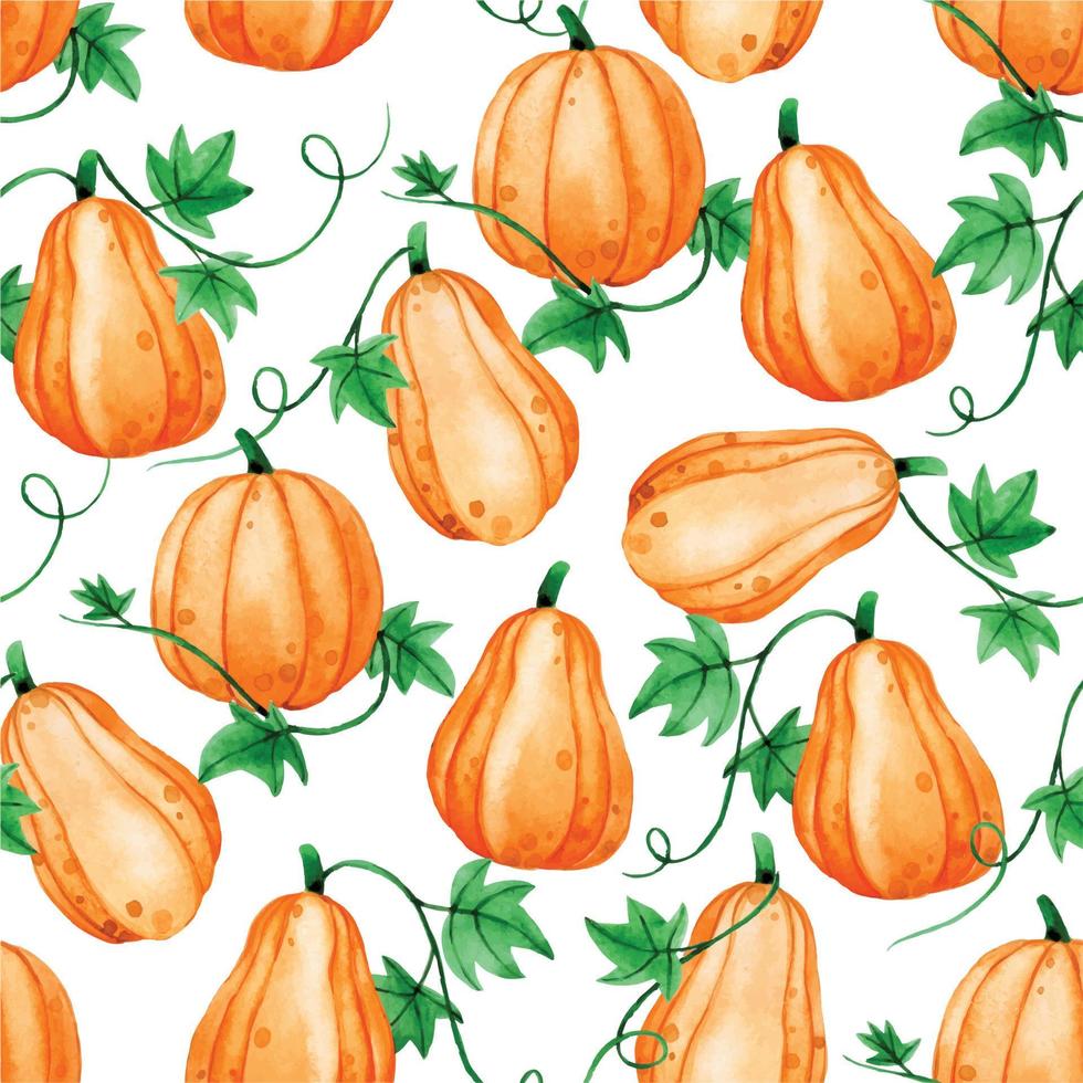 acuarela de patrones sin fisuras. lindas calabazas naranjas, tema de halloween, día de acción de gracias, cosecha de otoño. vector