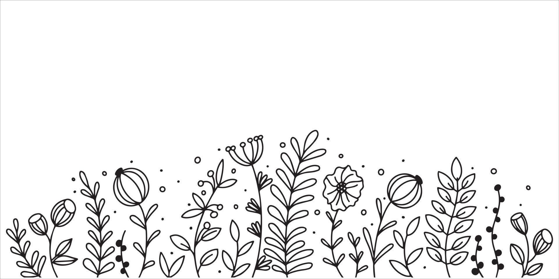 ilustración vectorial en estilo garabato. flores silvestres dibujadas en línea simple, dibujo gráfico en blanco y negro, borde, marco. flores abstractas, hojas, ramas vector