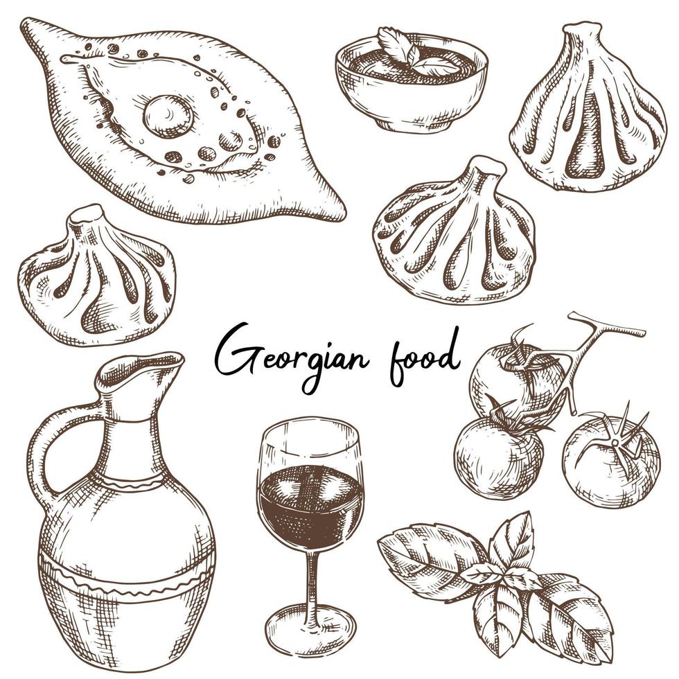 dibujo vectorial, juego de platos de la cocina georgiana. comida georgiana, khachapuri, khinkali, vino y salsa. boceto de ilustración, gráficos, grabado. vector