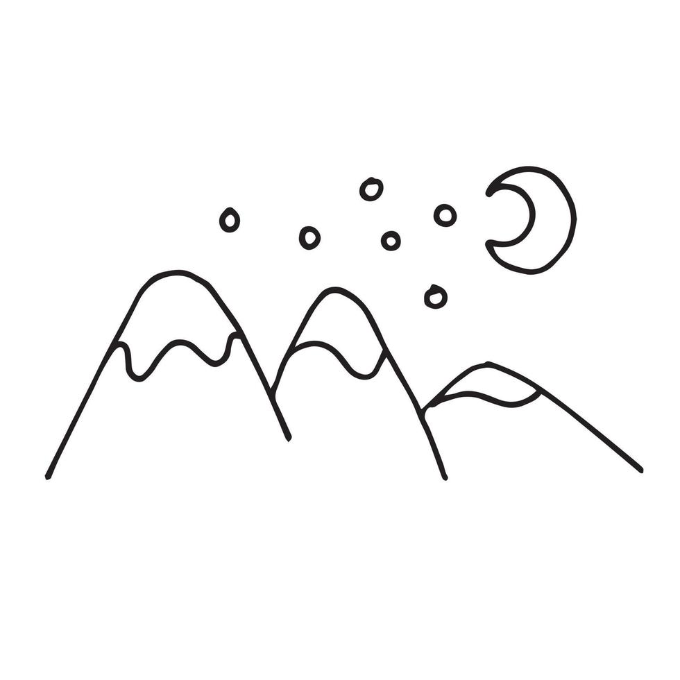 vector doodle, carton style drawing. mountains in scandinavian style. snowy mountain peaks, moon and stars above them. Simple cute drawing of hill, a symbol of travel, tourism.