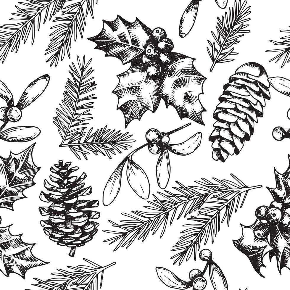 vector seamless pattern xmas, xmas plants. vintage graphics, retro style, sketch. holly, mistletoe, tree branches and cones