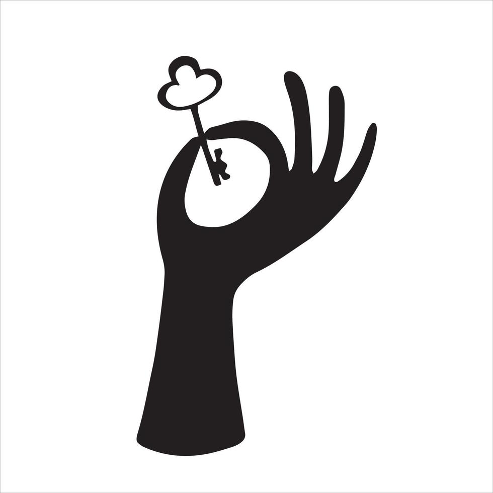 vector drawing in vintage style. Female hand with a key. a symbol of mysticism, magic, esotericism. black and white doodle doodle, outline, silhouette.