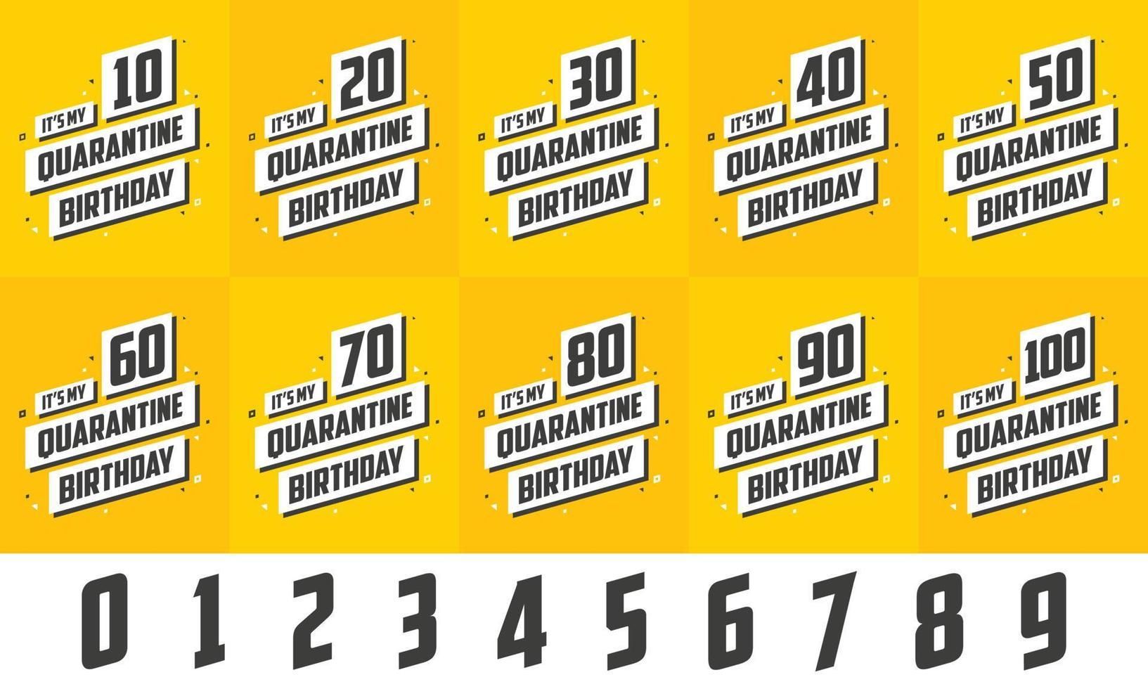 Quarantine Birthday celebration vector design set. Bundle of 10th, 20th, 30th, 40th, 50th, 60th, 70, 80, 90th, 100th Birthday in Quarantine