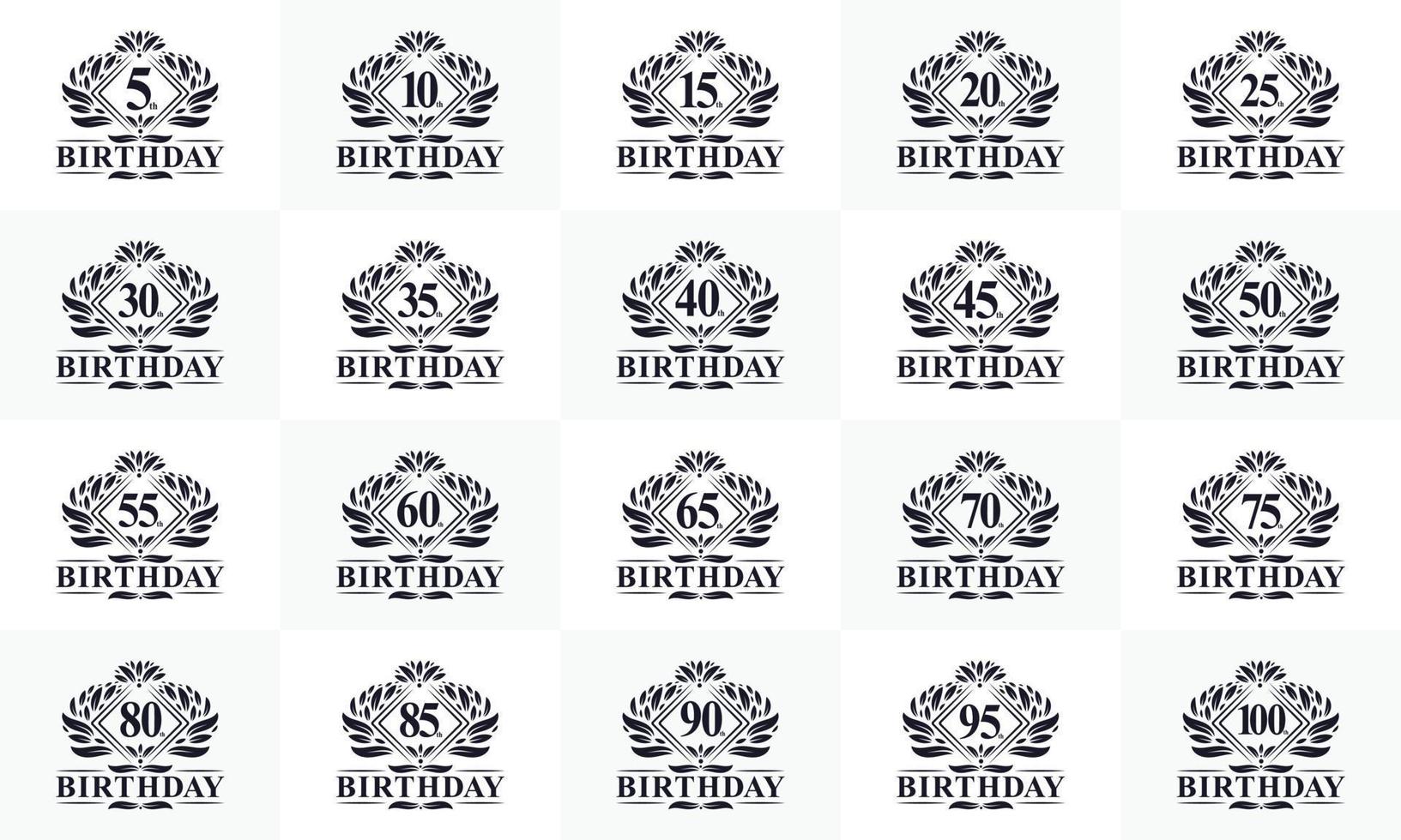 Happy birthday logo bundle. Retro vintage birthday logo set. 5th, 10th, 15th, 20th, 25th, 30th, 35th, 40th, 45th, 50th, 55th, 60th, 65th, 70th, 75th, 80th, 85th, 90th, 95th, 100th birthday vector