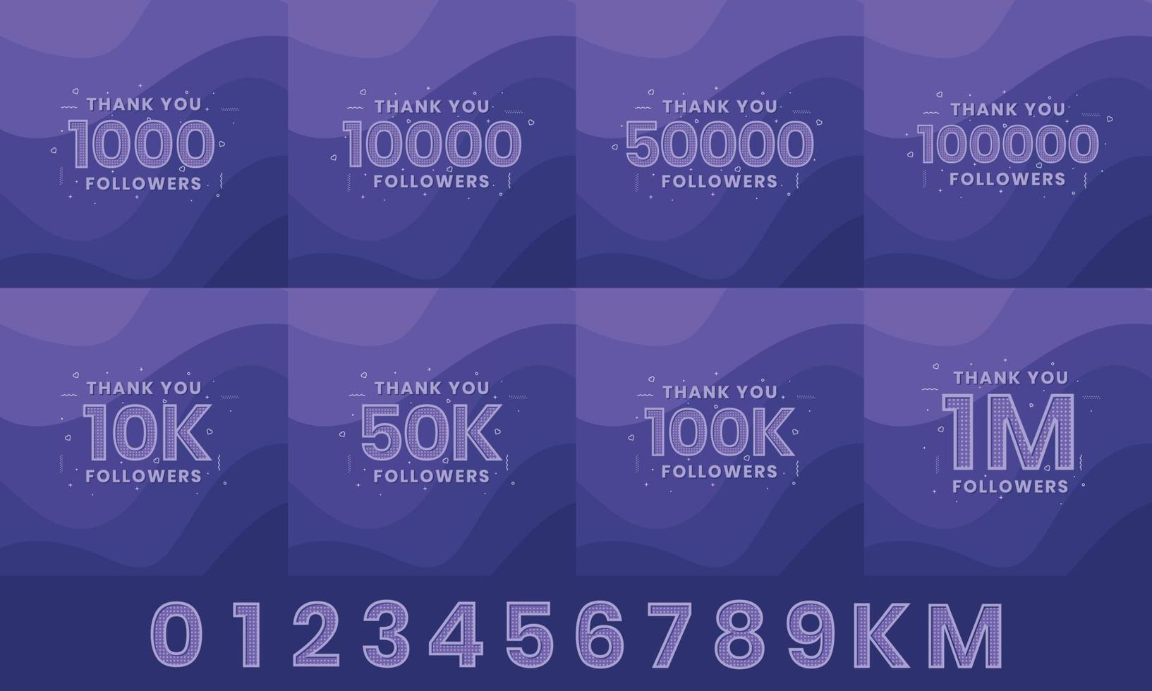 paquete de tarjetas de felicitación gracias seguidores. gracias 1000, 1k, 10000, 10k, 50k, 1m seguidores celebración diseño de paquete de redes sociales. vector